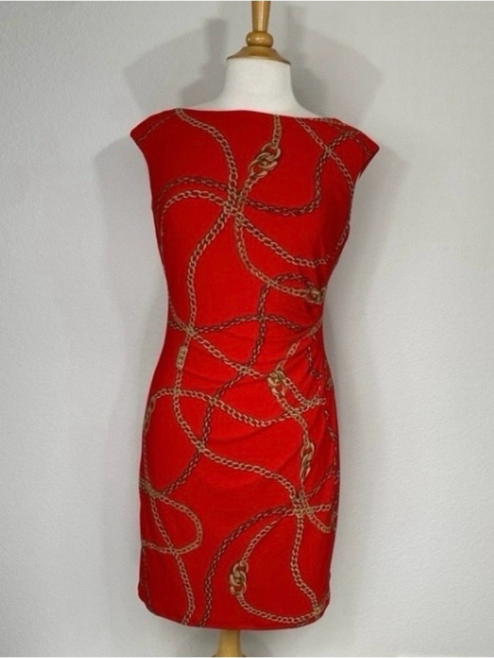 Lauren Ralph Lauren Womens Red Gold Chainlink Ruched Jersey Dress Size 8 Classic